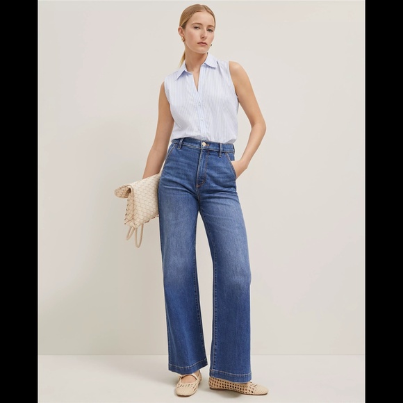 Ann Taylor Collared Split Neck Striped Sleeveless Shirt - Picture 4 of 16